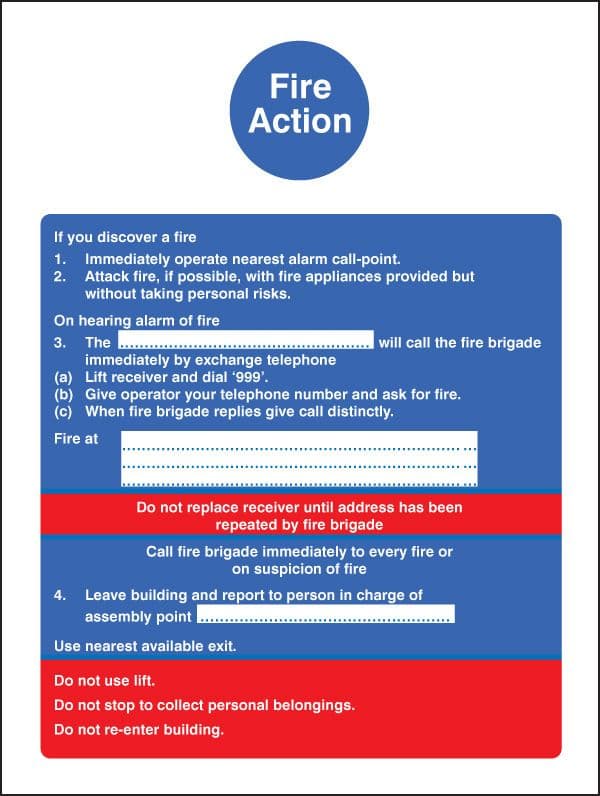 11402E Fire action with lift (fire service dialled manually) Rigid Plastic (200x150mm) Safety Sign