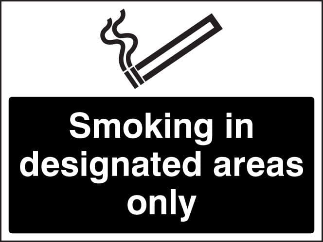 13248K Smoking in designated areas only (white/black) Rigid Plastic (400x300mm) Safety Sign