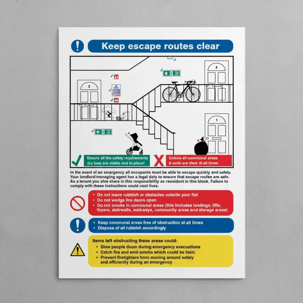21415Y Keep escape routes clear - multiple occupancy Self Adhesive Vinyl (200x300mm) Safety Sign