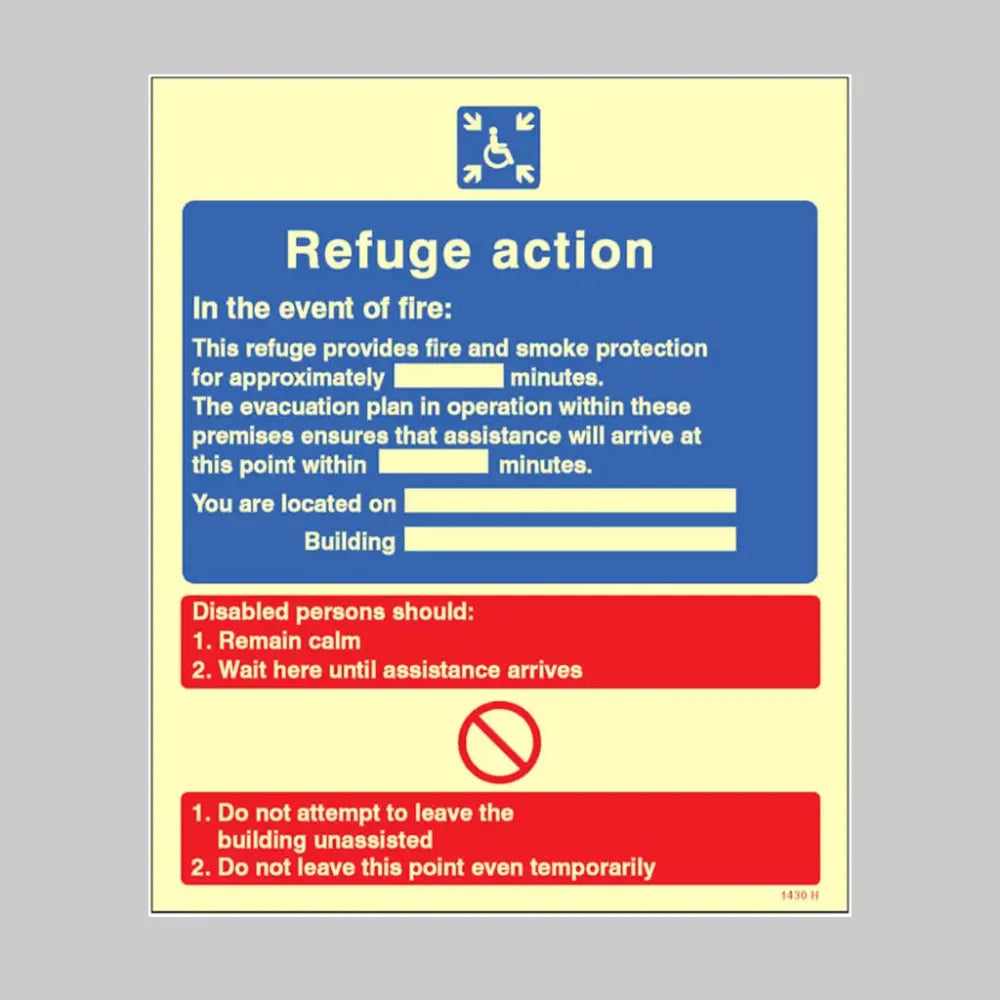 31430Y Refuge action in the event of fire Photoluminescent Rigid (200x300mm) Safety Sign