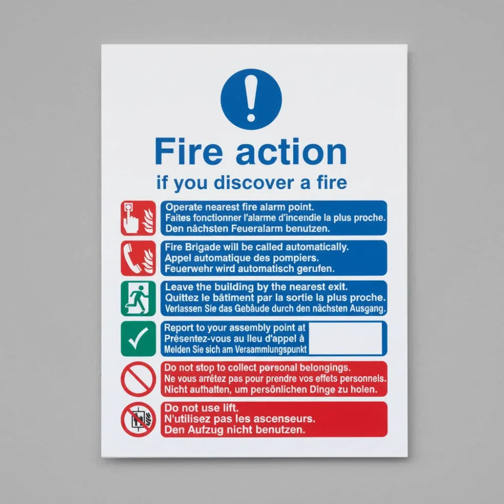 11435Y Multi-lingual fire action auto with lift (English, French & German) Rigid Plastic (200x300mm) Safety Sign