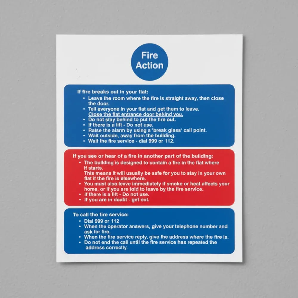 81438Y Fire action notice (stay put) for flats Quick-Fix Rigid PVC with SAV Backing (200x300mm) Safety Sign