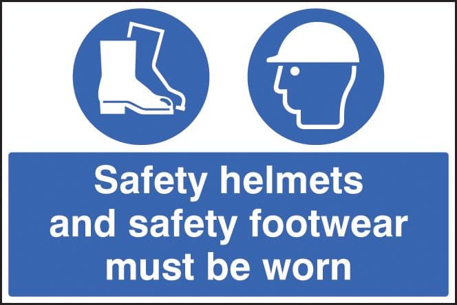 15019K Safety helmets and safety footwear must be worn Rigid Plastic (400x300mm) Safety Sign
