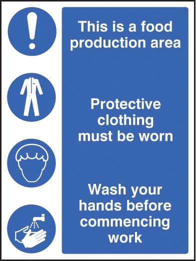 15604K Food production area/protective clothing/wash hands Rigid Plastic (400x300mm) Safety Sign