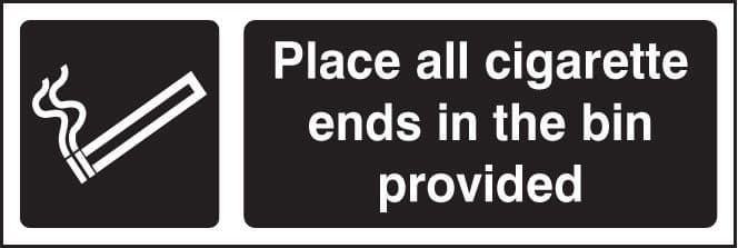 23251G Place all cigarette ends in bins provided (white/black) Self Adhesive Vinyl (300x100mm)