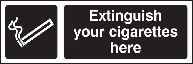 23253G Extinguish your cigarettes here (white/black) Self Adhesive Vinyl (300x100mm) Safety Sign