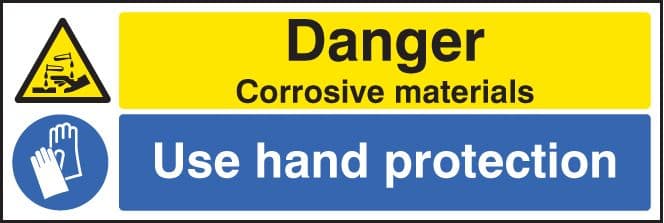 24267G Danger corrosive materials use hand protection Self Adhesive Vinyl (300x100mm) Safety Sign