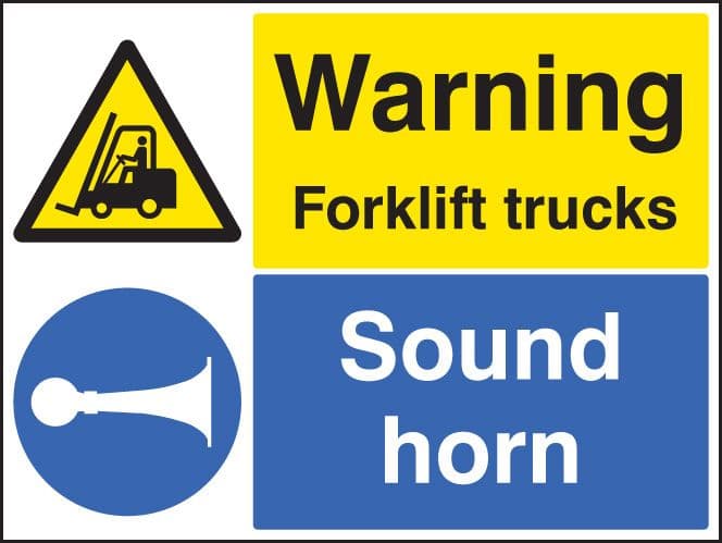 24528Q Warning forklift trucks sound horn Self Adhesive Vinyl (600x450mm) Safety Sign