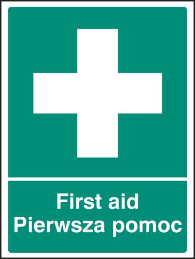 26054H First aid (English/polish) Self Adhesive Vinyl (300x250mm) Safety Sign