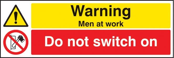 26210G Warning men at work do not switch on Self Adhesive Vinyl (300x100mm) Safety Sign