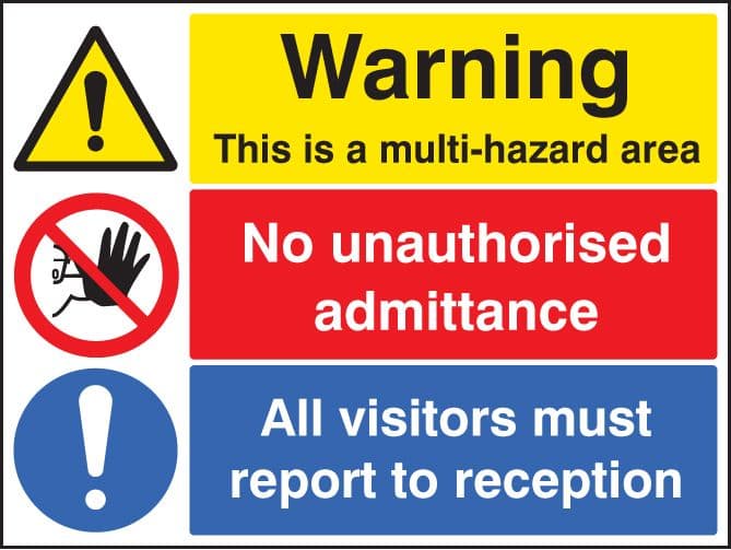 26274K Multi hazard area, no unauthorised admittance, visitors reception Sticker (400x300mm)