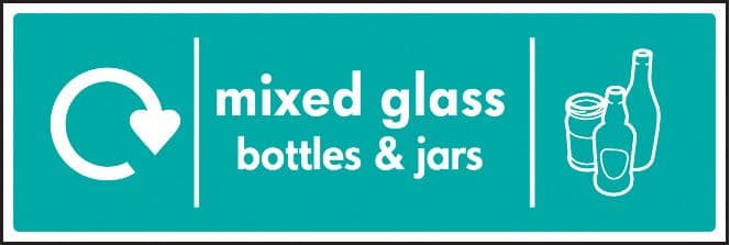 26638G WRAP Recycling Sign - Mixed glass bottles & jars Self Adhesive Vinyl (300x100mm) Safety Sign