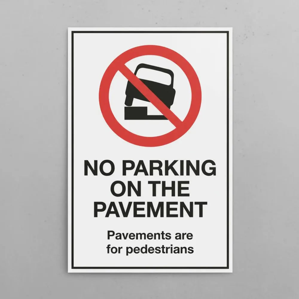13097P No parking on the pavement Pavements are for pedestrians (semi rigid pvc safety sign) Rigid Plastic (600x400mm) Safety Sign