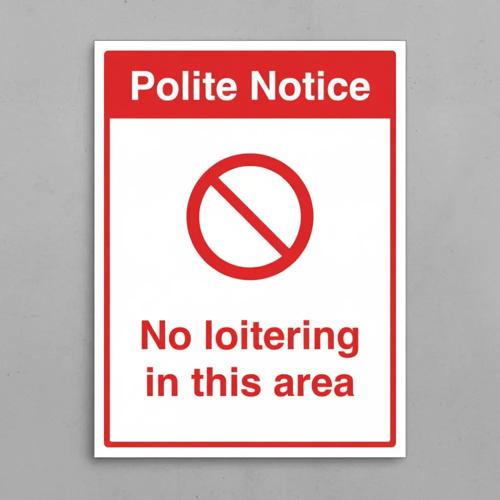 13100K Polite notice: No loitering in this area (semi rigid pvc safety sign) Rigid Plastic (400x300mm) Safety Sign