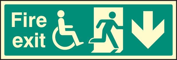 31227G Fire exit (running man, disabled symbol, arrow down) Photoluminescent Rigid (300x100mm)