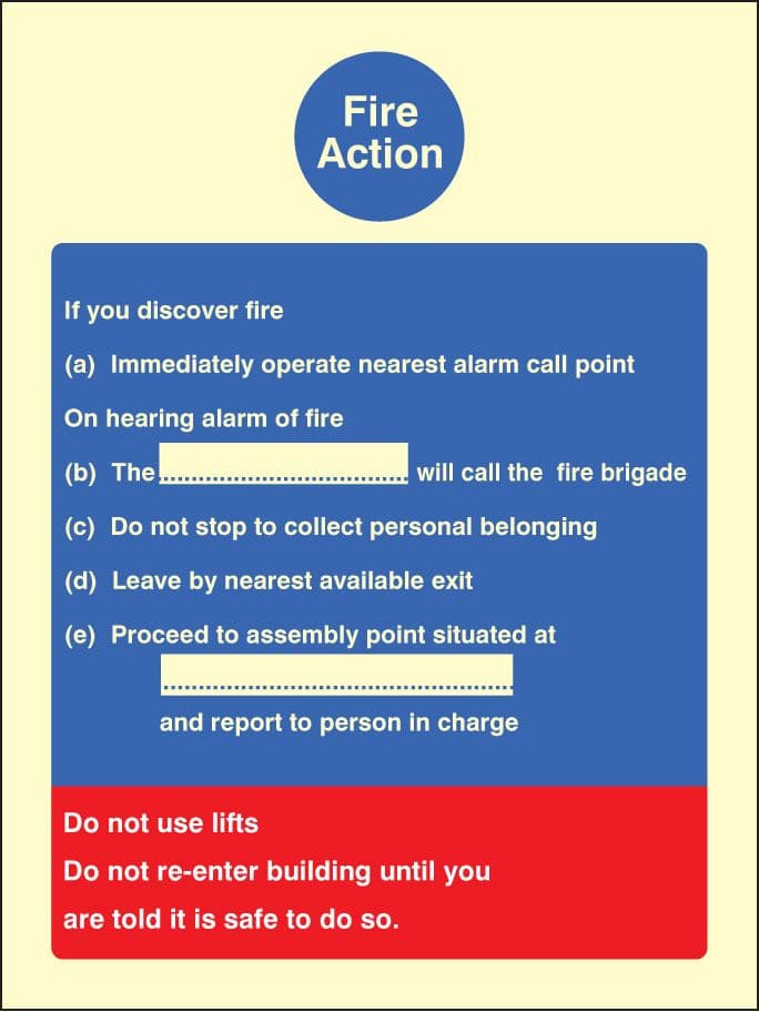 31403H Fire action standard (fire service dialled manually) Photoluminescent Rigid (300x250mm)