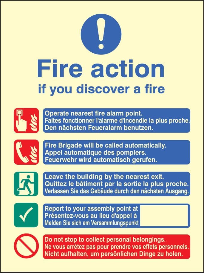 31437H Multi-lingual fire action manual no lift Photoluminescent Rigid (300x250mm) Safety Sign