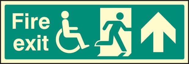 32091L Disabled fire exit arrow ahead Photoluminescent Rigid (450x150mm) Safety Sign