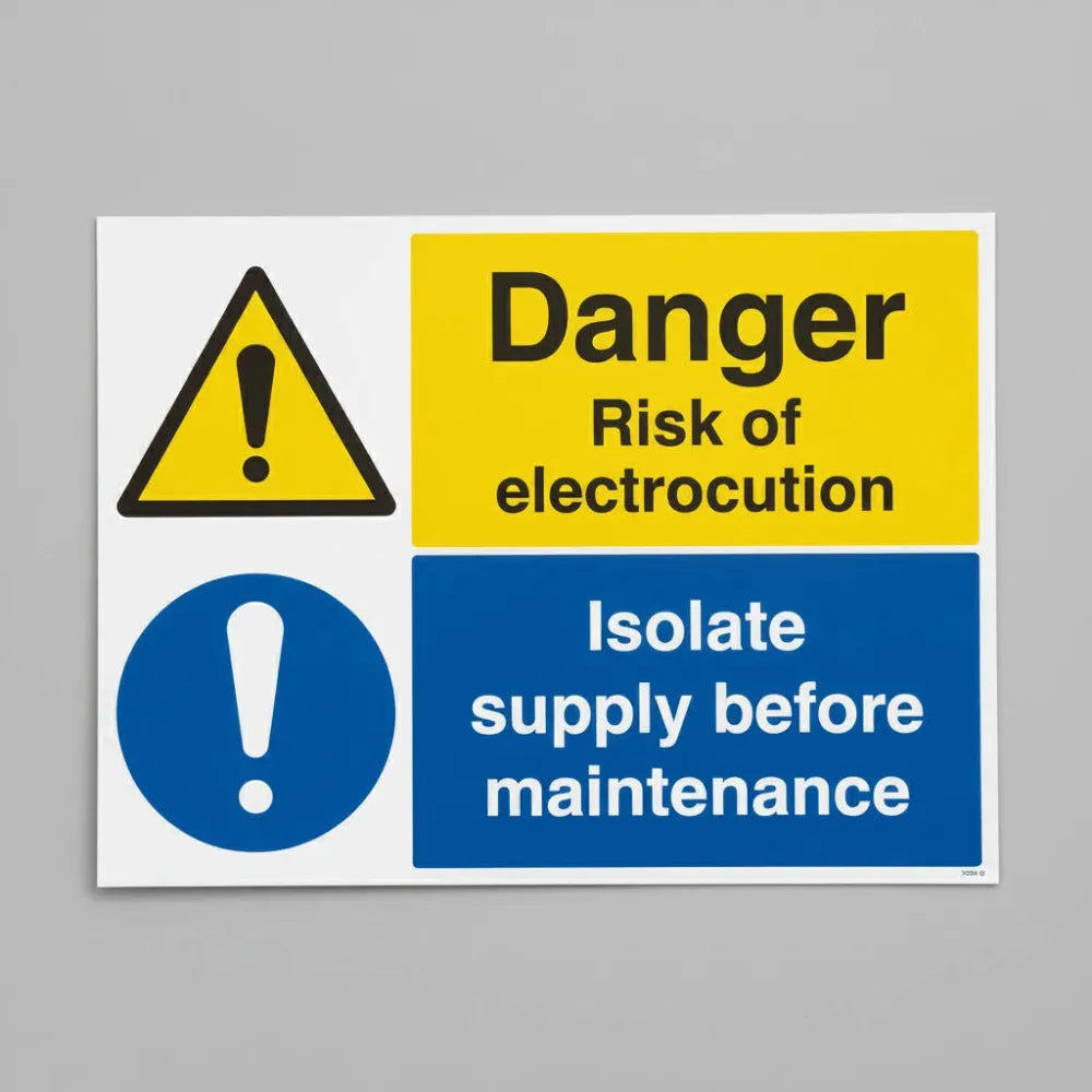 24072A Danger Electrocution risk Isolate supply before maintenance Self Adhesive Vinyl (75x100mm) Safety Sign