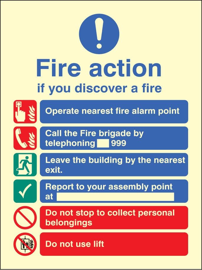 41419E New EEC fire action (manual call 999) Photoluminescent S/A Vinyl (200x150mm) Safety Sign