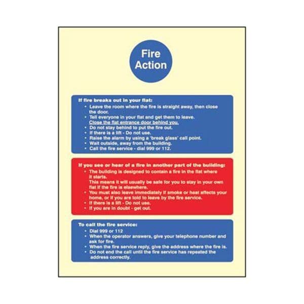 41438H Fire action notice (stay put) for flats sign - Photoluminescent S/A Vinyl (300x250mm)