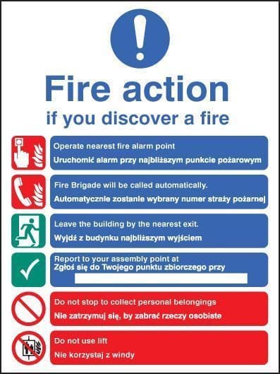 41440E Fire action auto dial with lift (English & Polish) Safety Sign