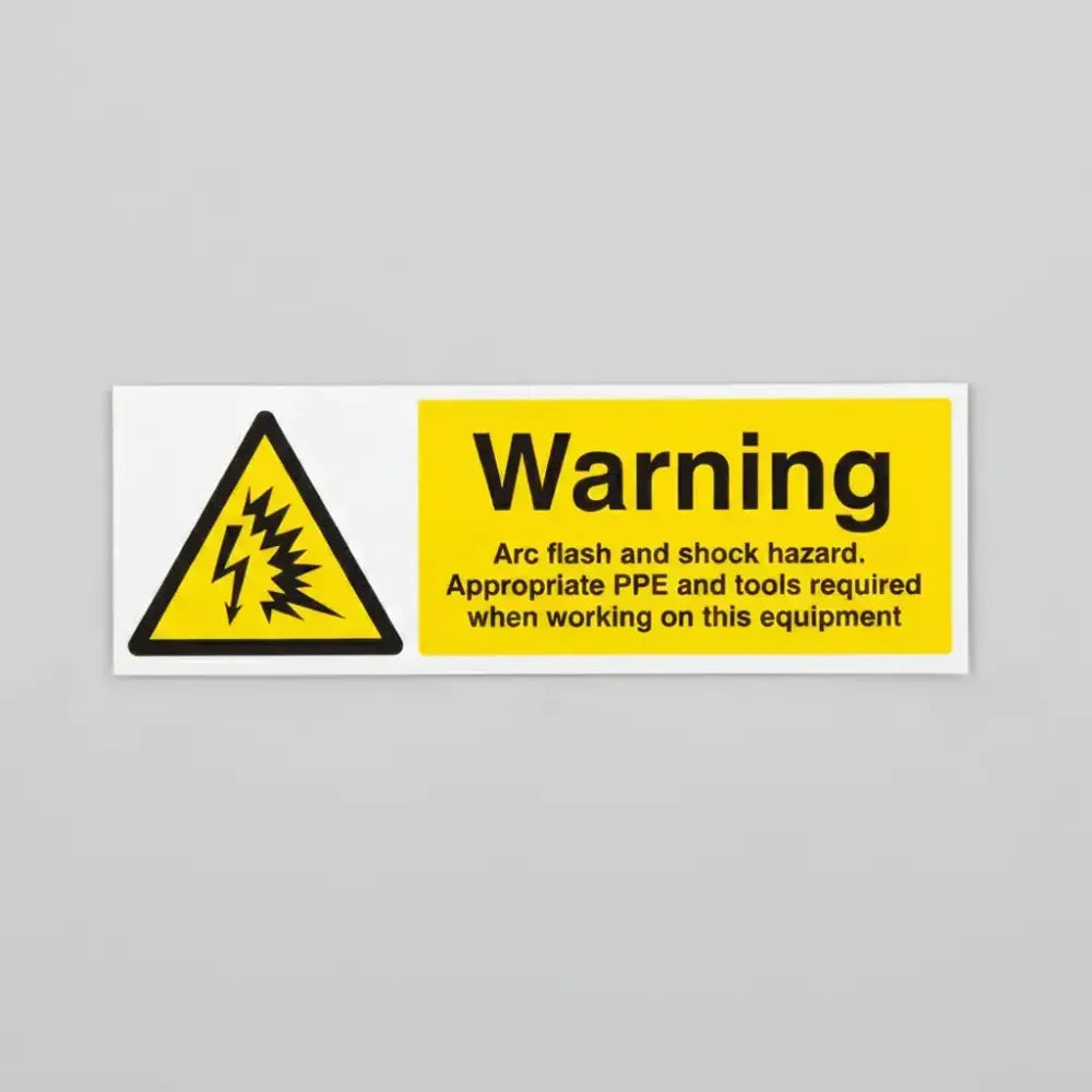 14320G Warning Arc flash and shock hazard Appropriate PPE and tools required when working on this equipment Rigid Plastic (300x100mm) Safety Sign
