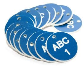 51503 27mm Engraved Valve Tags - 50 sequential numbers - (eg. 1-50) White text on blue (27mm dia)