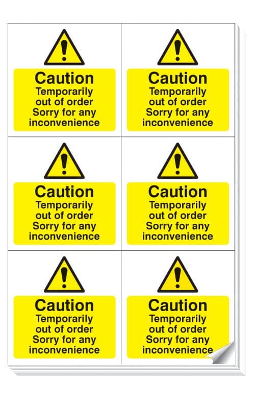 54041 Caution temporarily out of order easy peel labels sheet of 6 (105x99mm) Safety Sign