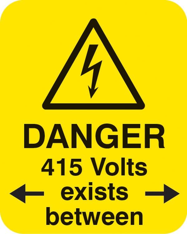 54051 Danger 415 volts <-exists between-> Sheet of 25 labels 40x50mm (40x50mm) Safety Sign