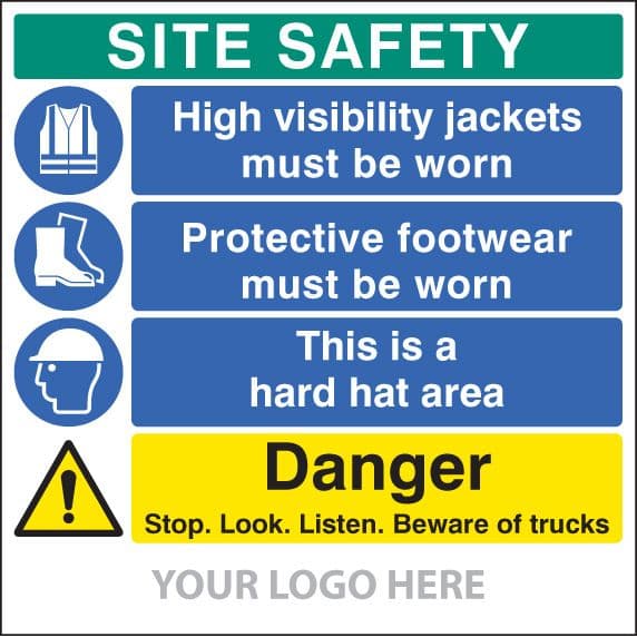 55802 Site safety board, hivis, footwear,hard hat, trucks, site saver sign (1220x1220mm)