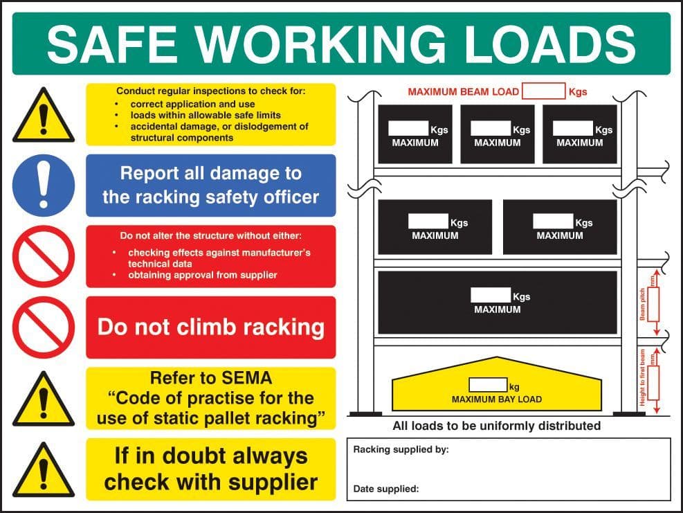 56355 SWL pallet racking sign 5mm foamex 600x450mm (600x450mm) Safety Sign