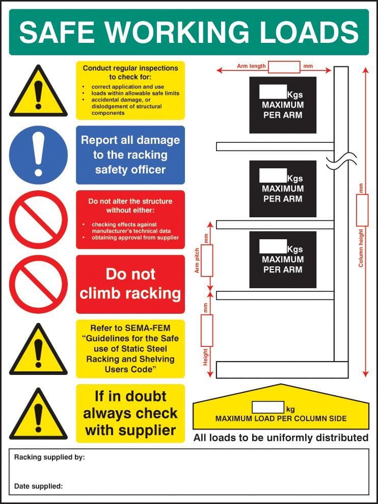 56356 SWL cantilever racking sign 5mm foamex 450x600mm (450x600mm) Safety Sign
