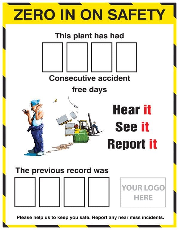 58053 Zero in on safety accident board with 2 sets of numbers c/w logo 700x900 (700x900mm)