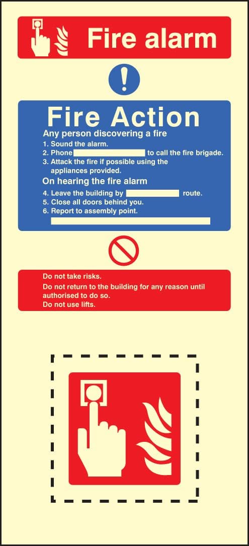 58222 Call point fire action set photoluminescent (150x300mm) Safety Sign