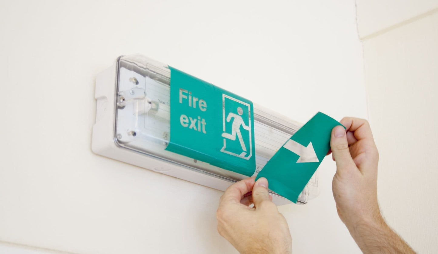 58302 Emergency light unit overlay British Standard BS 5499 (228x250mm) Safety Sign