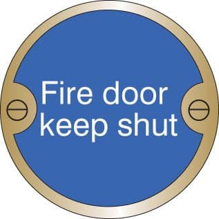 59122 Fire door keep shut 76mm dia brass sign (76mm dia) Safety Sign