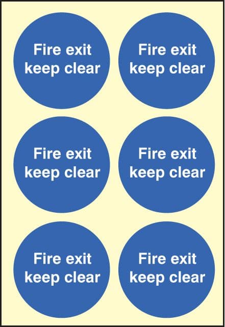 59691 Fire exit keep clear 65mm dia - sheet of 6 photoluminescent (65mm dia) Safety Sign