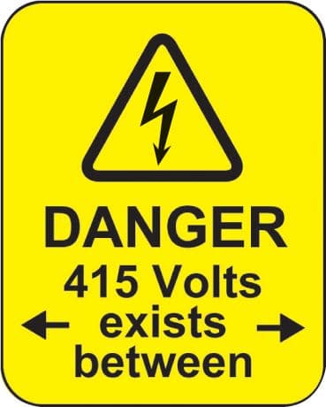 59787 Danger 415 volts <-exists between-> roll of 100 labels 40x50mm (40x50mm) Safety Sign