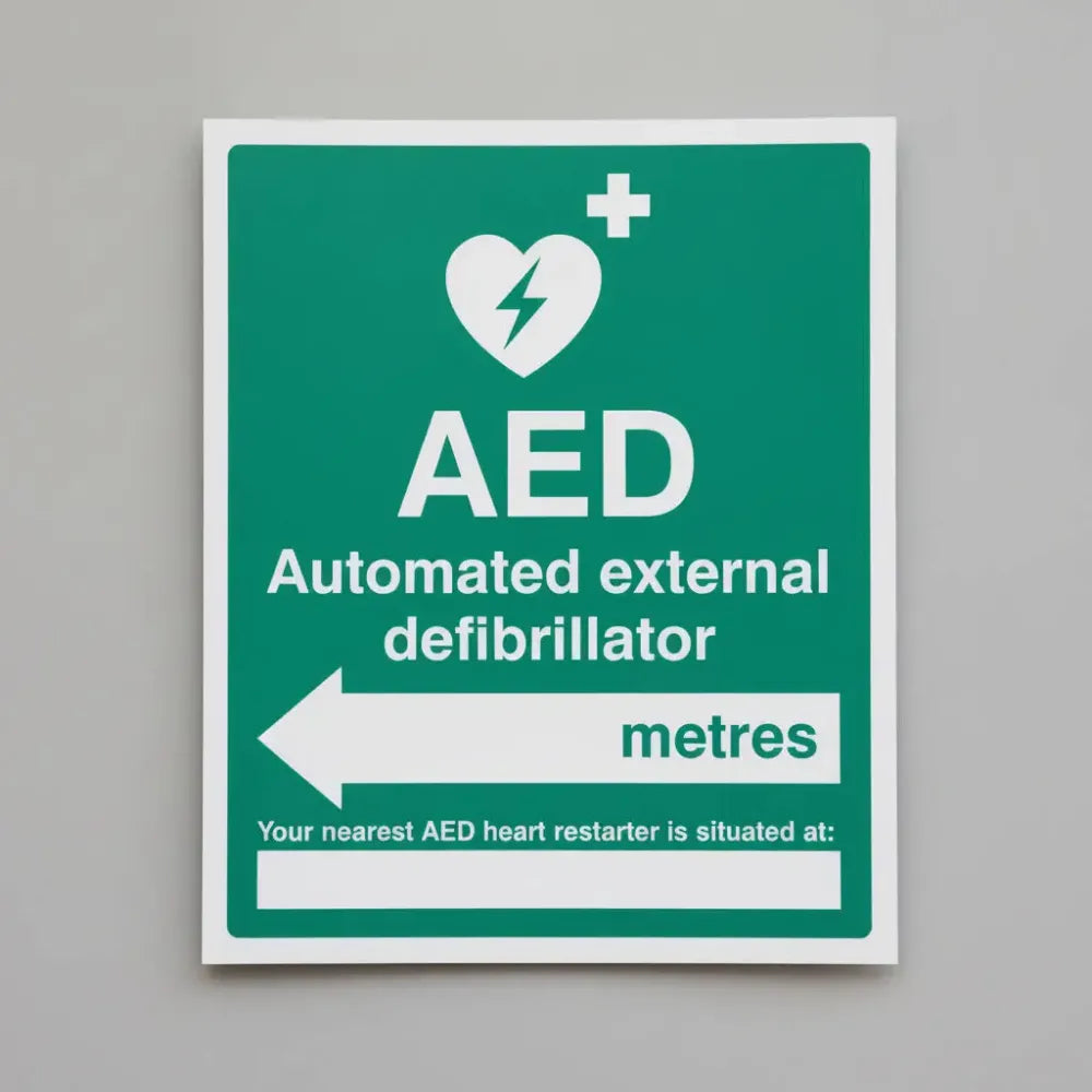 25995H AED located in XXX metres - arrow left Self Adhesive Vinyl (300x250mm) Safety Sign