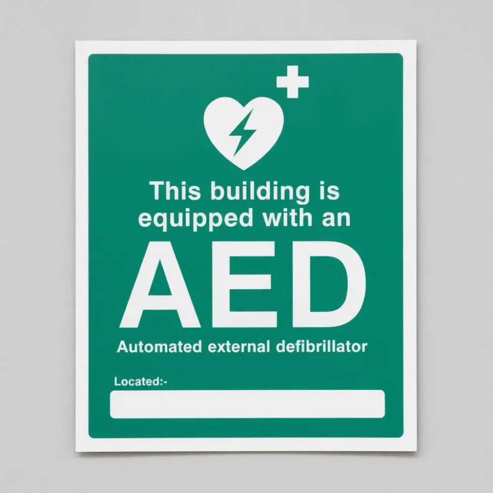 15998Y This building is equipped with an AED Located Rigid Plastic (200x300mm) Safety Sign