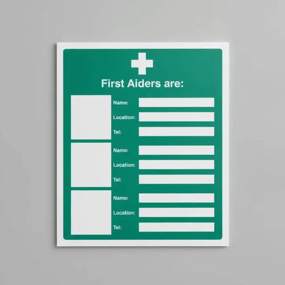 16023Y First aiders are (space for 3) Rigid Plastic (200x300mm) Safety Sign