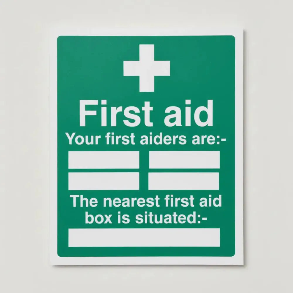 86027Y First aiders the nearest first aid box is situated Quick-Fix Rigid PVC with SAV Backing (200x300mm) Safety Sign