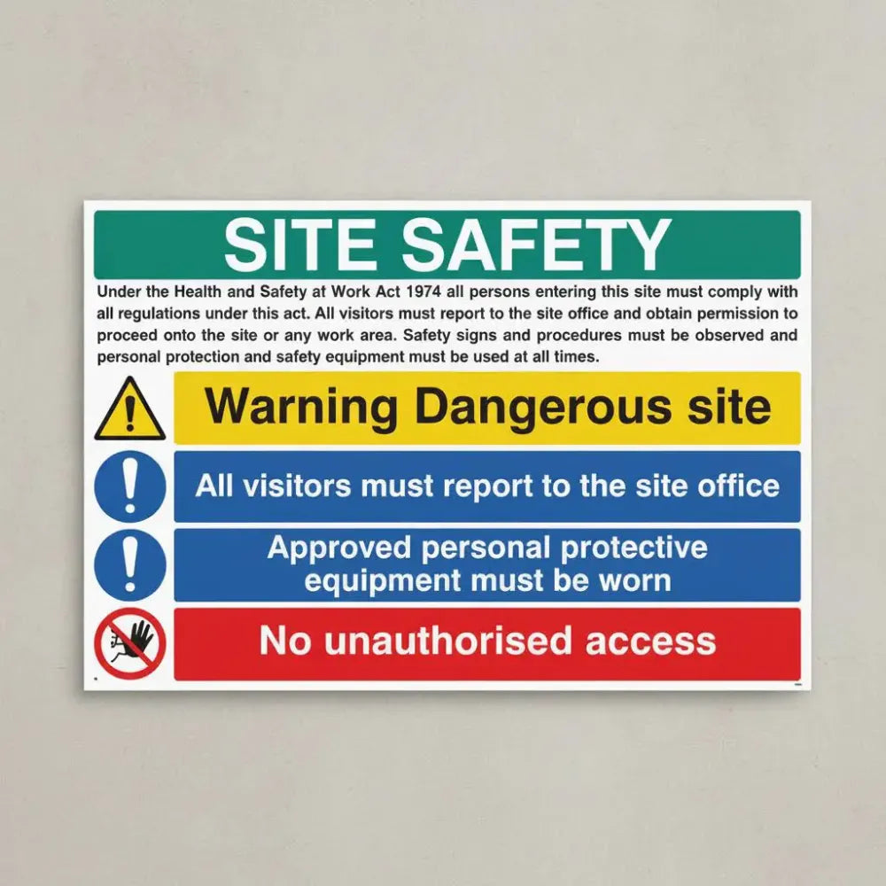 76416Q Site safety dangerous site, visitors to site office, PPE, no unauthorised access Ultra Durable 2mm PET (600x450mm) Safety Sign