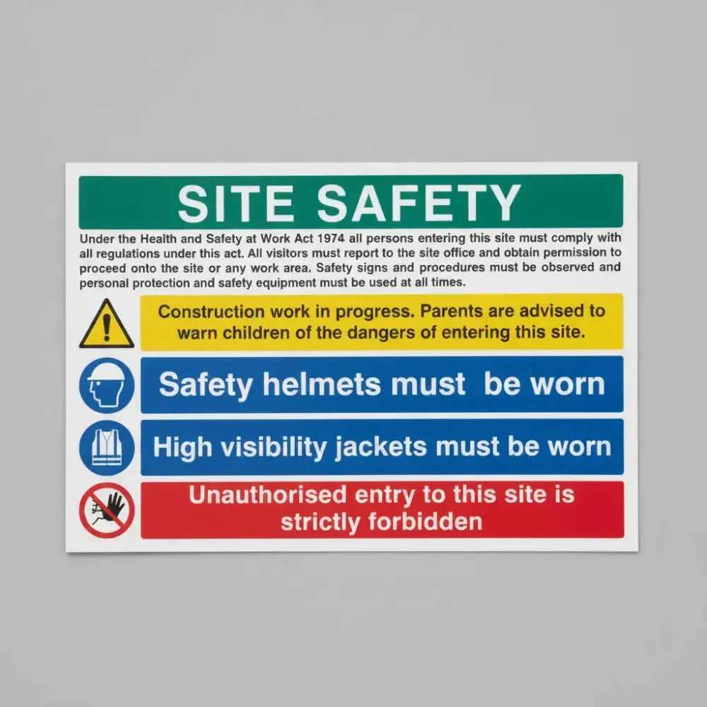 16420Q Site safety construction work, helmets, hi-vis, unauthorised entry Rigid Plastic (600x450mm) Safety Sign