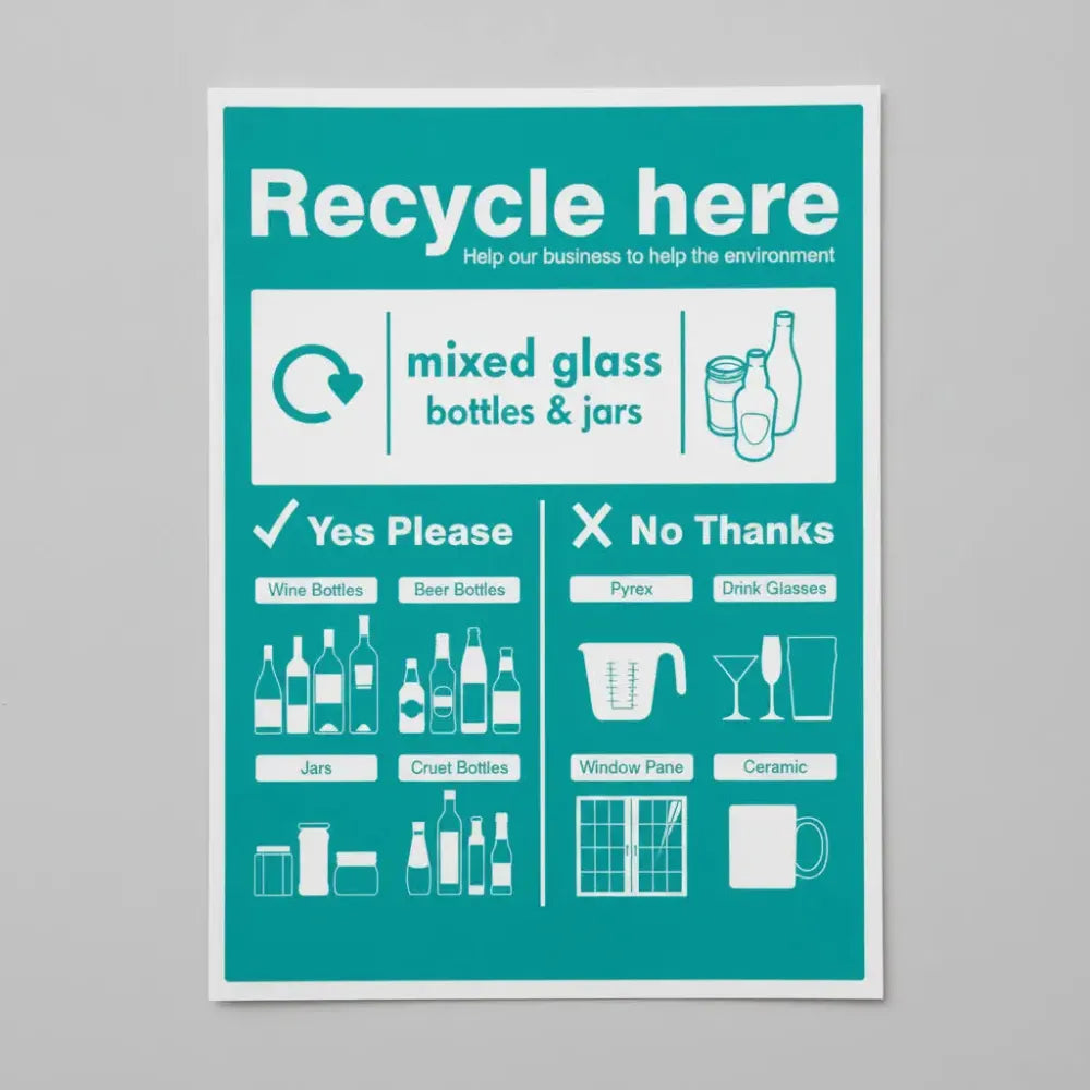 16675Y Mixed glass bottles & jars - WRAP Recycle here sign Rigid Plastic (200x300mm) Safety Sign