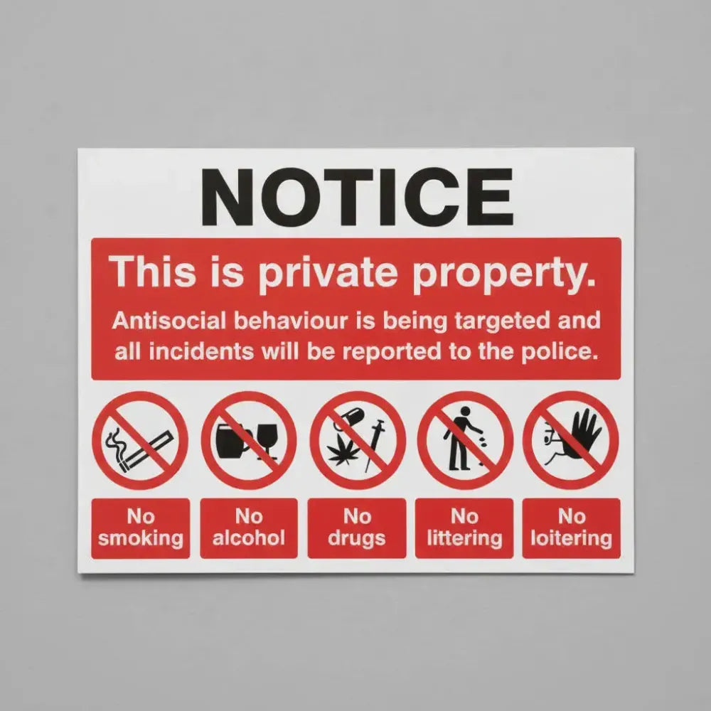 17113K Notice This is private property Antisocial behaviour is being targeted Rigid Plastic (400x300mm) Safety Sign
