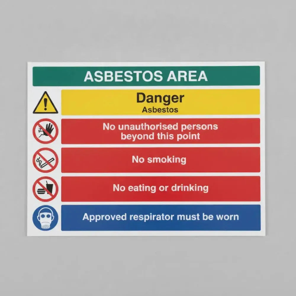 17191Q ASBESTOS AREA Danger Asbestos No unauthorised persons beyond this point No smoking No eating or drinking Approved respirator must be worn (semi rigid pvc safety sign) Rigid Plastic (600x450mm) Safety Sign