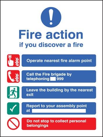 81420E Fire action EEC (manual without lift) (200x150mm) Rigid PVC with SAV Backing Safety Sign