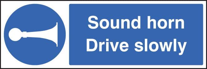 85413G Sound horn drive slowly (300x100mm) Rigid PVC with SAV Backing Safety Sign